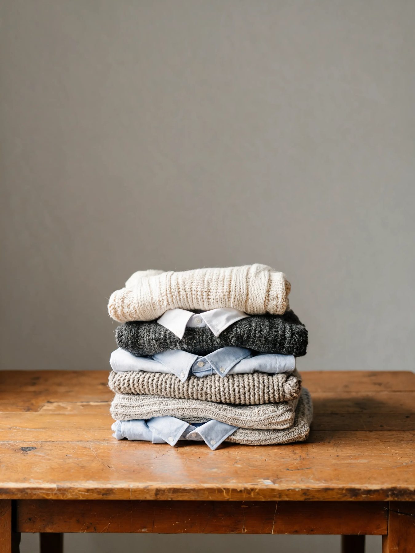Folded knitwear and shirts stacked on a worn oak table