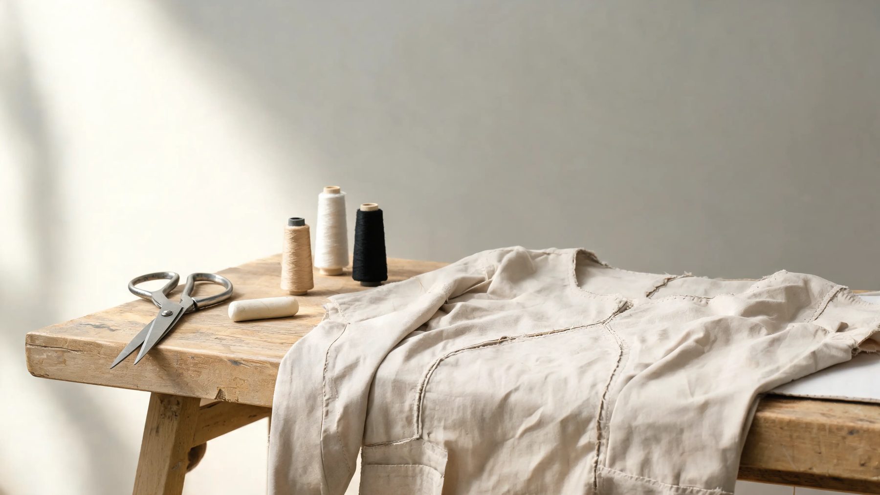 Workroom bench with shears, chalk and thread